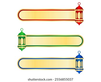 A set of three elegant Ramadan banners in vibrant colors. Each banner features a golden frame and an ornate lantern.luxury golden arabic islamic text box title frame border set with ornamental 