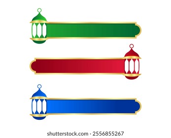 A set of three elegant Ramadan banners in vibrant colors. Each banner features a golden frame and lantern.luxury golden arabic islamic text box title frame border set with ornamental illustration