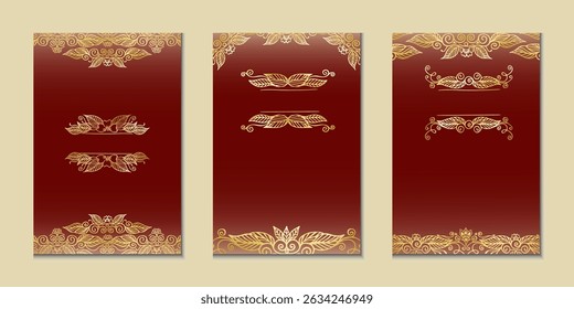 Set of three elegant vertical page templates featuring hand-drawn intricate golden ornamental borders on a rich red background. Ideal for luxury invitations or decorative designs.