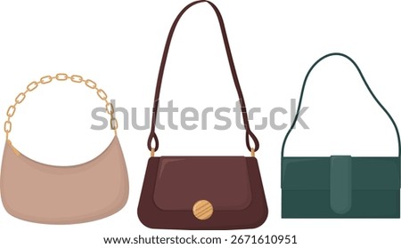 Set with three elegant women's shoulder bags isolated on white. Fashion illustration of accessories
