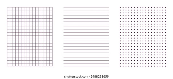 Set of three elements of graphic vertical ornament: square fine grid, horizontal stripe, symmetrical uniform dots. Simple vector illustration in outline in black on white background.