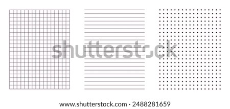Set of three elements of graphic vertical ornament: square fine grid, horizontal stripe, symmetrical uniform dots. Simple vector illustration in outline in black on white background.