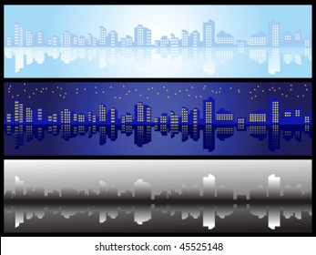 A set of three elements. Night, day urban landscape.