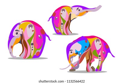 A set of three elephants in an abstract version for Indian holidays. Vector illustrstion