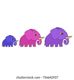 A set of three elephants. Cartoon elephants. An elephant with a big head and tusks. Vector illustration.