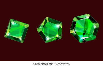 Set of three emeralds different size.  Can be used for game design. Green crystals.  Gemstones. 