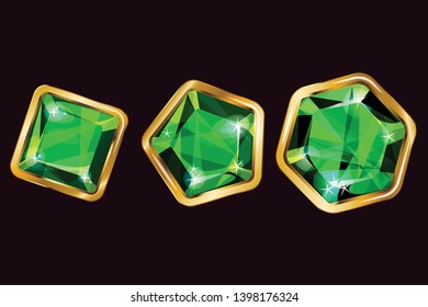 Set of three emeralds different size.  Can be used for game design. Green crystals.  Gemstones. 