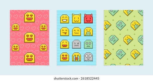 Set of three emoji posters. Pixel illustration