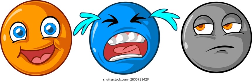 Set of three emotion faces smiling crying and indifferent, mental health expression emoticons vector illustration