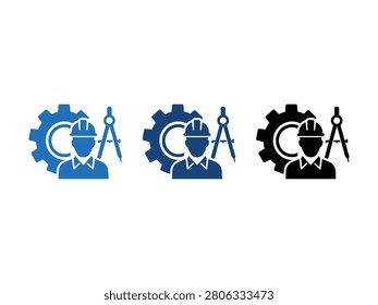 A set of three engineering icons featuring a person in a hard hat, a gear, and a draftsman compass.