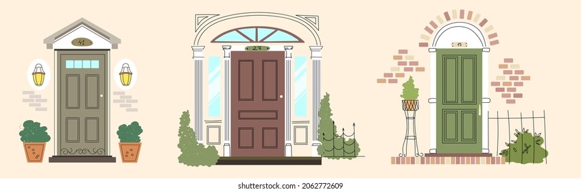 Tres puertas de entrada de estilo retro. Muro de ladrillo. El exterior de la casa. Entrada a la casa. Una olla de hierbas. Ilustración del vector de color, dibujada a mano, aislada en un fondo beige