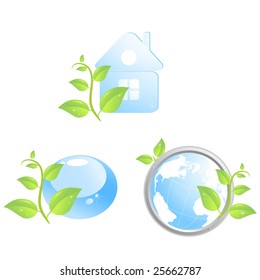 Set of three environmental icons with water drop, house and globe