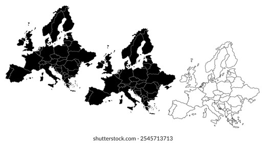 Set of three Europe map silhouettes in black and outline style with countries.