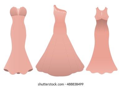 Set of three evening cocktail dresses color of tea rose. Vector illustration