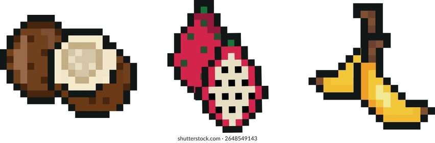 set of three exotic fruit icons in pixel art style, namely banana, coconut and dragon fruit icons, retro 8-bit graphics style with visible square pixels and minimal color palette