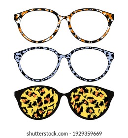 Set of three eyeglasses with animal print. Vector illustration.