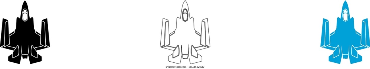 A set of three F-22 Raptor fighter jet icons presented in black silhouette, black outline, and solid blue, suitable for aerospace, military, or aviation-themed projects.