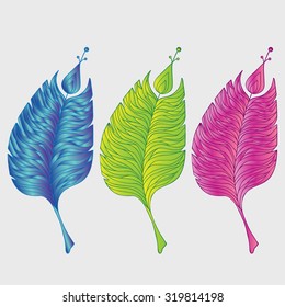 Set of three fabulous bird feathers, blue feather, a green pen and a pink feather