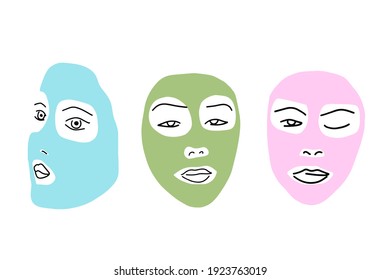 set of three faces with clay face mask. skin care. isolated white background.