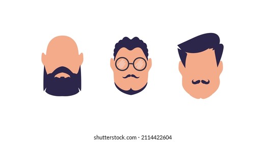 A set of three faces of guys of different types and nationalities. Isolated on white background. Vector illustration.
