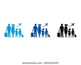 A set of three family silhouettes including parents and children with suitcases and a flying airplane representing summer vacation and air travel concepts