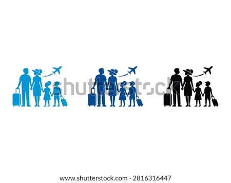 A set of three family silhouettes including parents and children with suitcases and a flying airplane representing summer vacation and air travel concepts