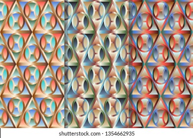 Set of three fashion seamless patterns with geometric shapes, creating the effect of volume. Colorful illustration, eps10. Clipping mask applied.