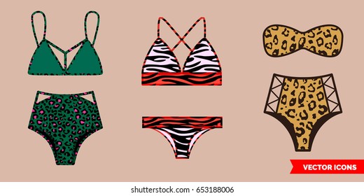 A set of three fashionable bikini swimsuits with animal print (Zebra, leopard).Bottoms with a high waist.Vector swimwear.Vector illustration.