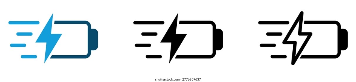 Set of three fast charging battery icons illustrating rapid power delivery and quick energy technology