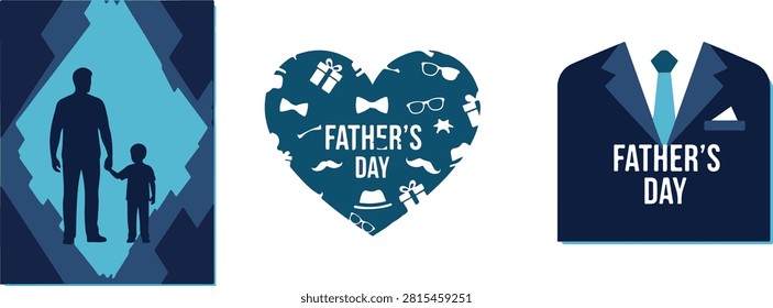 A set of three Father's Day themed graphics featuring a father-son silhouette, gift-filled heart, and a suit design, perfect for promotions.