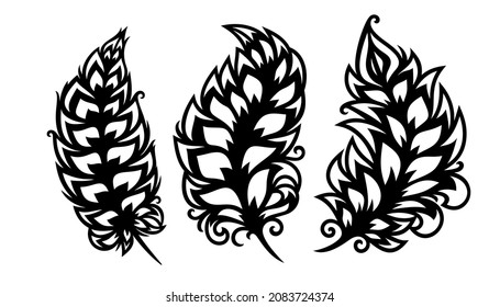 Set of three feathers. Fluffy stylized quill, decorative bird's pen, beautiful leaf, openwork twig. Black isolated silhouette on a white background. Template for plotter laser cut. Vector illustration