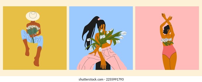 Conjunto de tres hembras floreciendo desde la ilustración plana vectorial. Mujeres desnudas con flores creciendo desde el pecho. Femininidad, feminismo, prosperidad y concepto de amor propio.