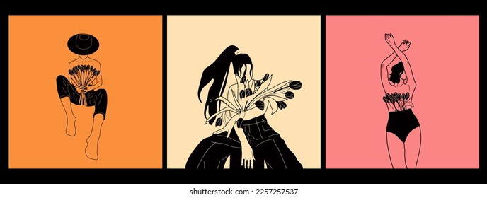 Conjunto de tres hembras floreciendo desde la ilustración plana vectorial. Mujer desnuda con flores creciendo del pecho. Femininidad, feminismo, prosperidad y concepto de amor propio.