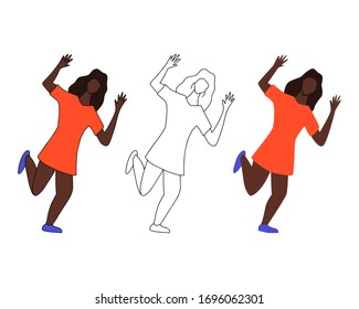 Set of three female characters. Dancing girl with raised hands in flat, cartoon and line style.