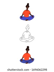 Set of three female characters. Girl in flat, cartoon and line style. Vector illustration of women doing yoga.