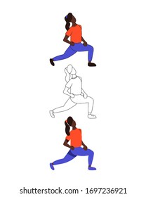 Set of three female characters. Girl in flat, cartoon and line style. Vector illustration of women doing sport.