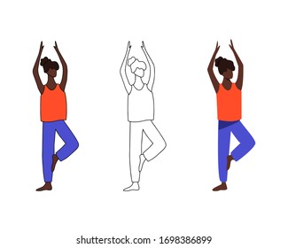 Set of three female characters. Girl in flat, cartoon and line style. Vector illustration of women doing yoga.