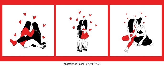 Set of three Female characters looking at each other. Lesbian couple in love. Concept of female tenderness and passion. LGBT romantic relationship	