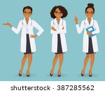Set of three female doctors in different poses on blue background