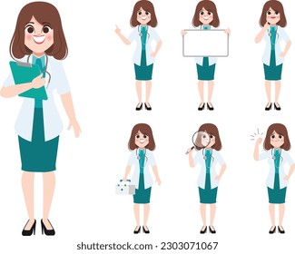 Set of three female doctors in different poses.