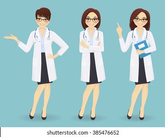 Set of three female doctors in different poses on blue background