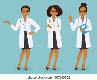 Set of three female doctors in different poses on blue background