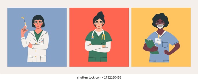 Set of three female Doctors standing with clipboard, stethoscope, syringe. Health Care concept. Hand drawn colored trendy Vector illustrations. Every lady is isolated