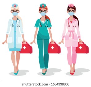 Conjunto de tres doctoras uniformadas aisladas de fondo blanco. Atractivas enfermeras jóvenes con mascarilla médica azul. La profesión de la mujer. 