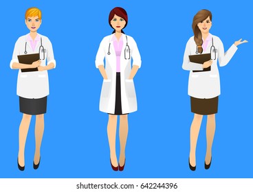 Set of three female doctors in various actions on blue background. Vector illustration.