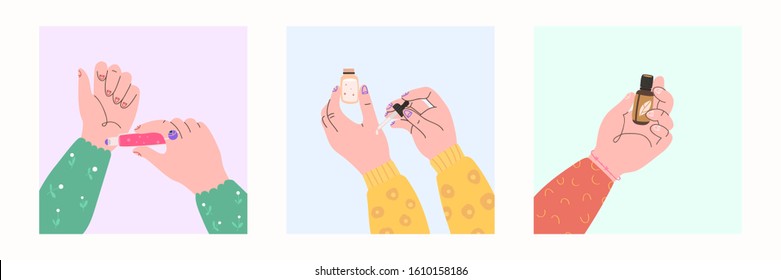 Set Of Three Female Hands With Essential Oils. Trendy Illustration. Eps 10.