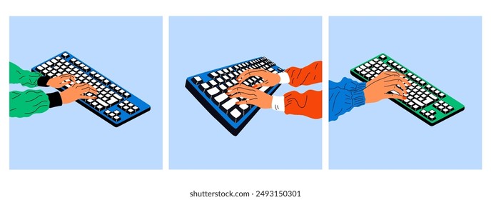 Conjunto de tres manos femeninas trabajando en el teclado. Trabajar, estudiar, trabajar desde el concepto del hogar. 