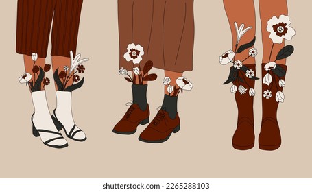 Set of three Female legs in boots. Cool footwear with flowers. High socks . Hand drawn vector colored trendy fashion illustration. Flat design
