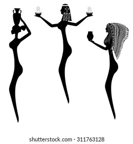 A set of three female silhouettes indigenous wildlife of Africa, America and Ancient Egypt with patterns, feathers and pitchers