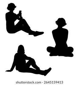 Set of three female silhouettes sitting in different relaxed positions. Perfect for graphic design, posters, signs, educational content, and visual communication projects.
